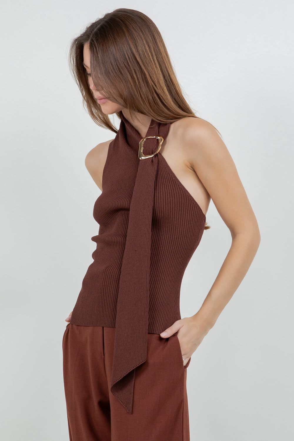 KNITTED ONE SHOULDER SCARF TOP - BROWN - Whiteroom+Cactus