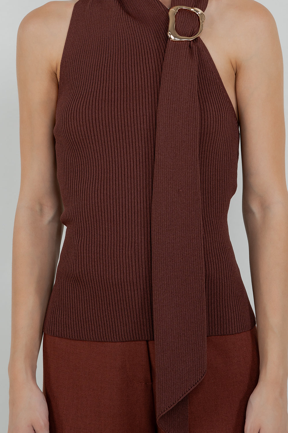 KNITTED ONE SHOULDER SCARF TOP - BROWN - Whiteroom+Cactus