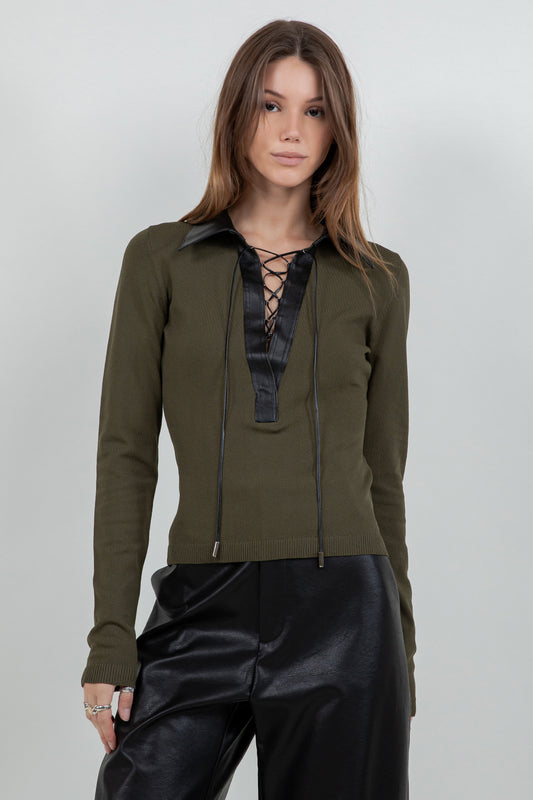 CONTRAST PU FAUX LEATHER COLLARED KNITTED SWEATER TOP - Whiteroom+Cactus