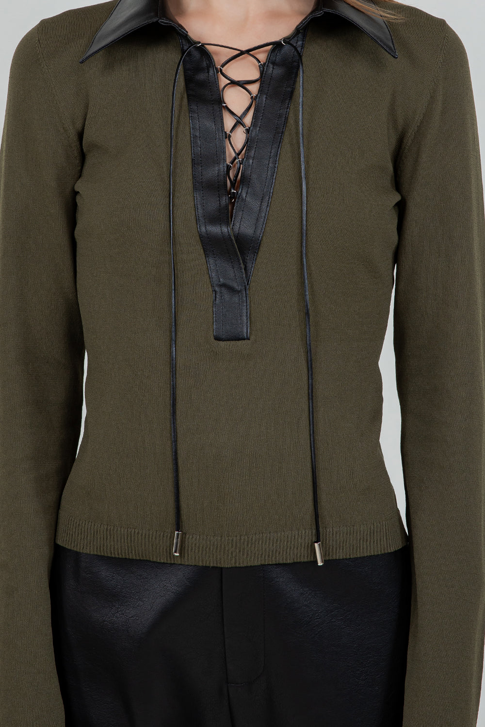 CONTRAST PU FAUX LEATHER COLLARED KNITTED SWEATER TOP - Whiteroom+Cactus