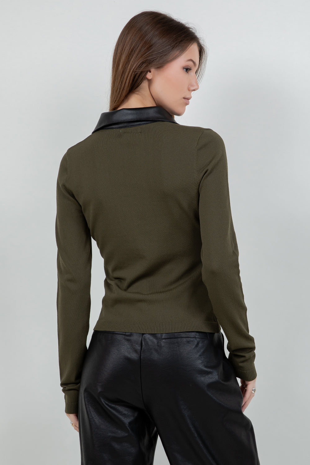 CONTRAST PU FAUX LEATHER COLLARED KNITTED SWEATER TOP - Whiteroom+Cactus