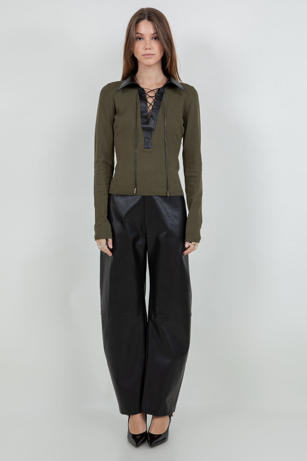 CONTRAST PU FAUX LEATHER COLLARED KNITTED SWEATER TOP - Whiteroom+Cactus