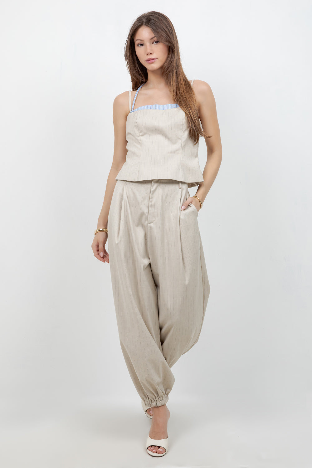 ELASTIC BOTTOM PLEATED SOFT WOVEN PINSTRIPE TROUSERS - Whiteroom+Cactus