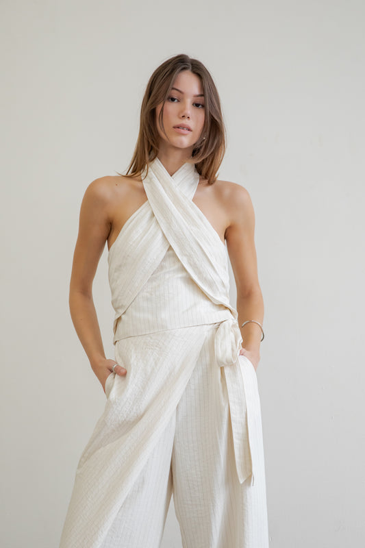 SLEEVELESS HALTER OVERLAP TOP WITH PINSTRIPES