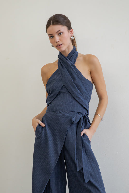 SLEEVELESS HALTER OVERLAP TOP WITH PINSTRIPES