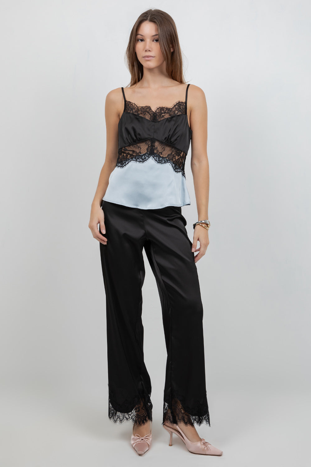 LACE POINTELLE CONTRAST SATIN CAMI TANK TOP