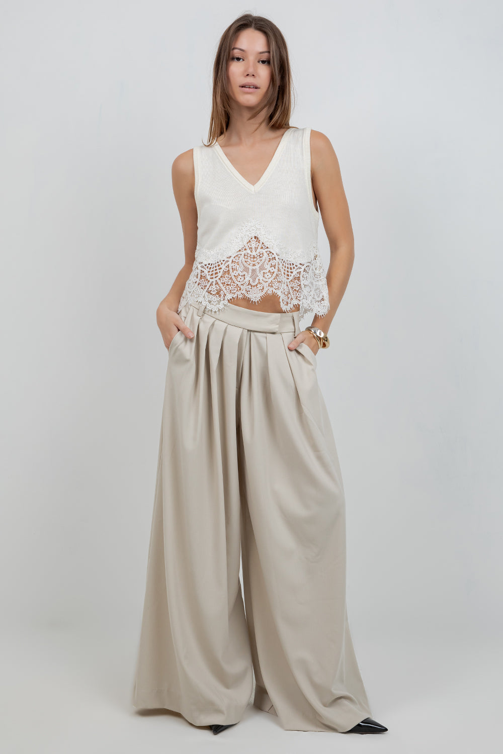 MULTI PLEAT SOFT WOVEN TROUSERS WITH ELASTIC BACK WAIST - Whiteroom+Cactus