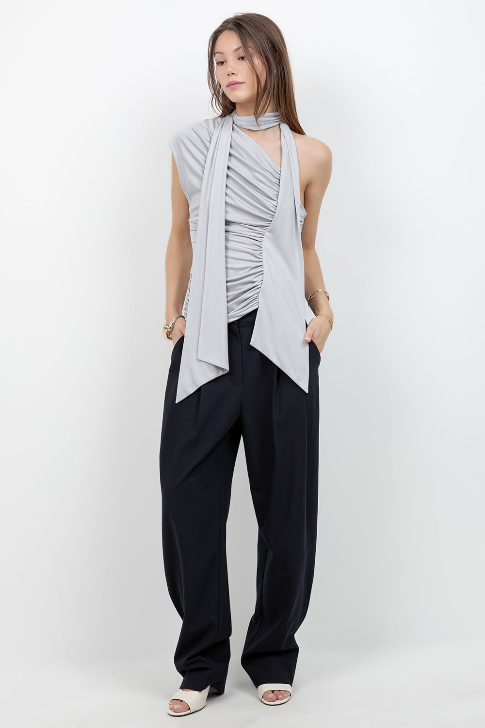 SOFT KNIT ASYMMETRICAL TOP WITH WRAP AROUND SCARF (SLATE GREY) - Whiteroom+Cactus