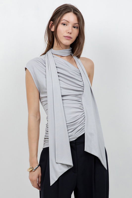 SOFT KNIT ASYMMETRICAL TOP WITH WRAP AROUND SCARF (SLATE GREY)
