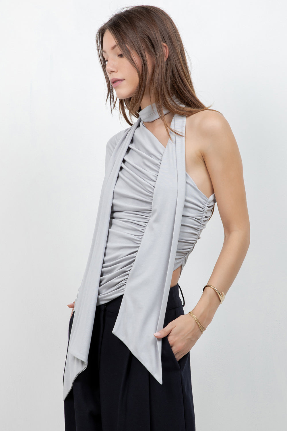 SOFT KNIT ASYMMETRICAL TOP WITH WRAP AROUND SCARF (SLATE GREY) - Whiteroom+Cactus