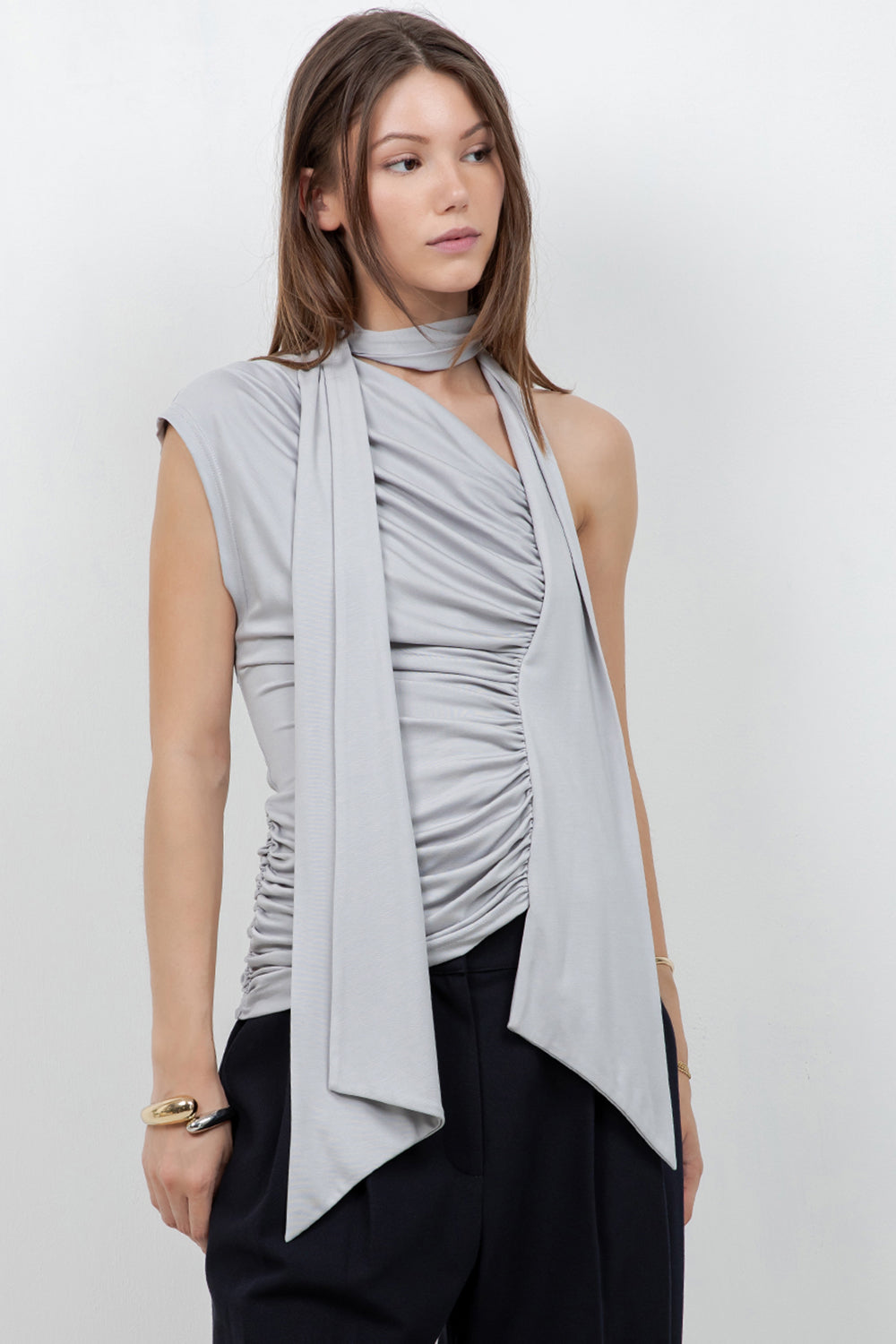 SOFT KNIT ASYMMETRICAL TOP WITH WRAP AROUND SCARF (SLATE GREY) - Whiteroom+Cactus