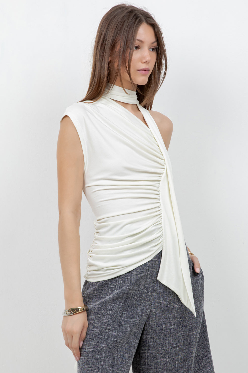 SOFT KNIT ASYMMETRICAL TOP WITH WRAP AROUND SCARF (IVORY) - Whiteroom+Cactus