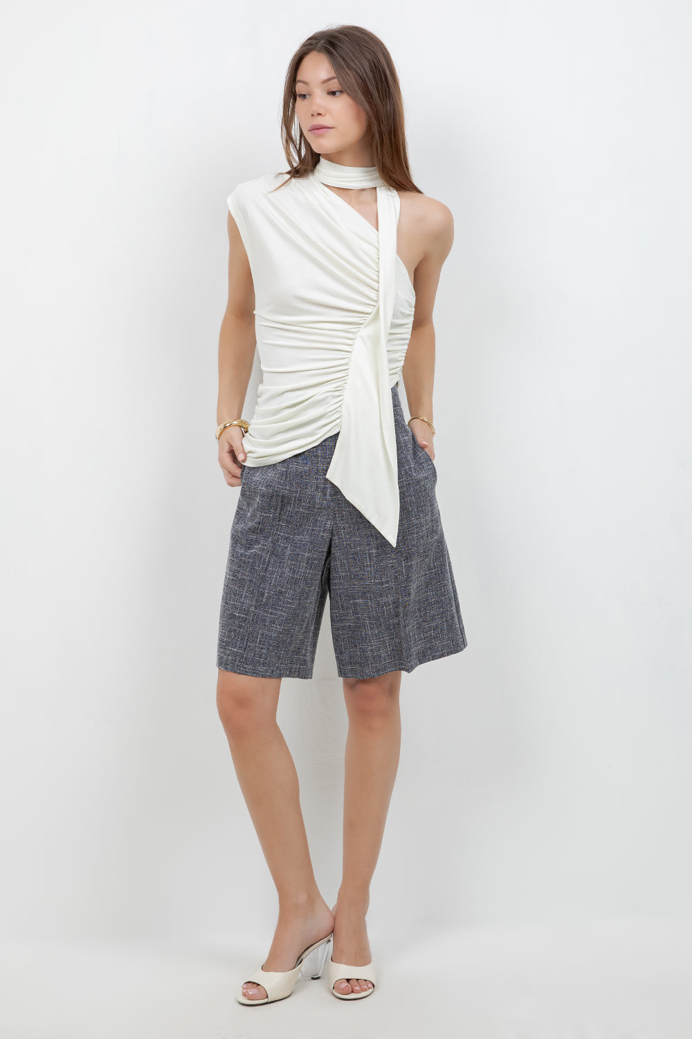 SOFT KNIT ASYMMETRICAL TOP WITH WRAP AROUND SCARF (IVORY) - Whiteroom+Cactus