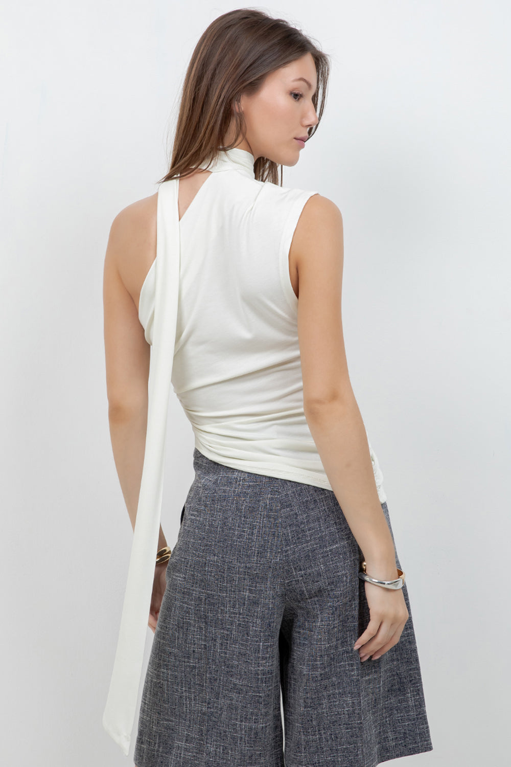 SOFT KNIT ASYMMETRICAL TOP WITH WRAP AROUND SCARF (IVORY) - Whiteroom+Cactus