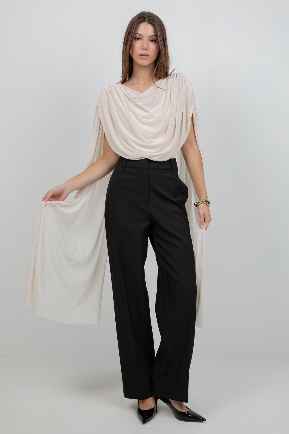 KNITTED BODYSUIT WITH CONTRAST MESH DRAPE CAPE