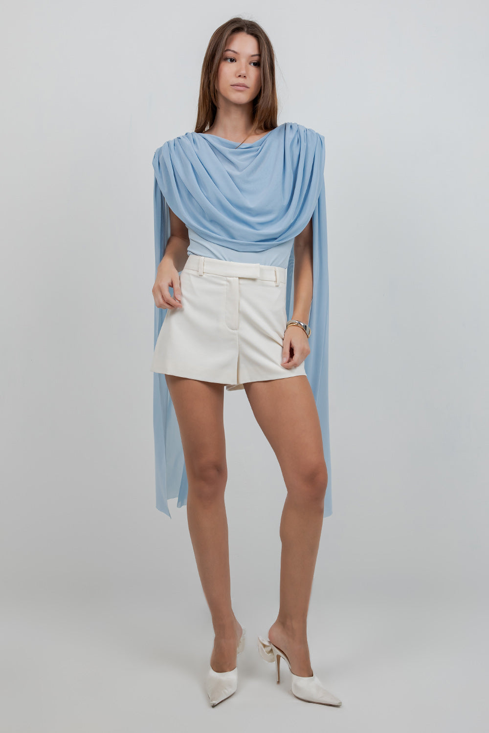 KNITTED BODYSUIT WITH CONTRAST MESH DRAPE CAPE