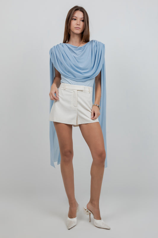 KNITTED BODYSUIT WITH CONTRAST MESH DRAPE CAPE