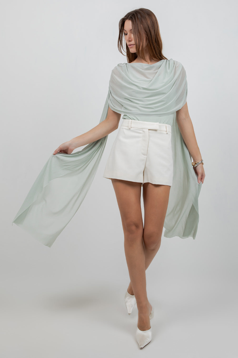 KNITTED BODYSUIT WITH CONTRAST MESH DRAPE CAPE