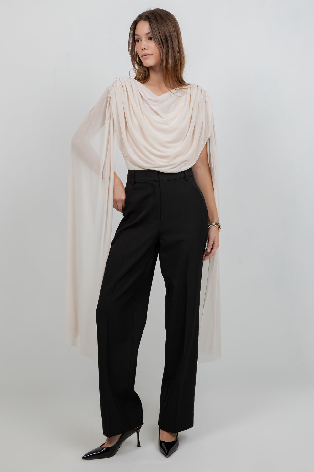 KNITTED BODYSUIT WITH CONTRAST MESH DRAPE CAPE