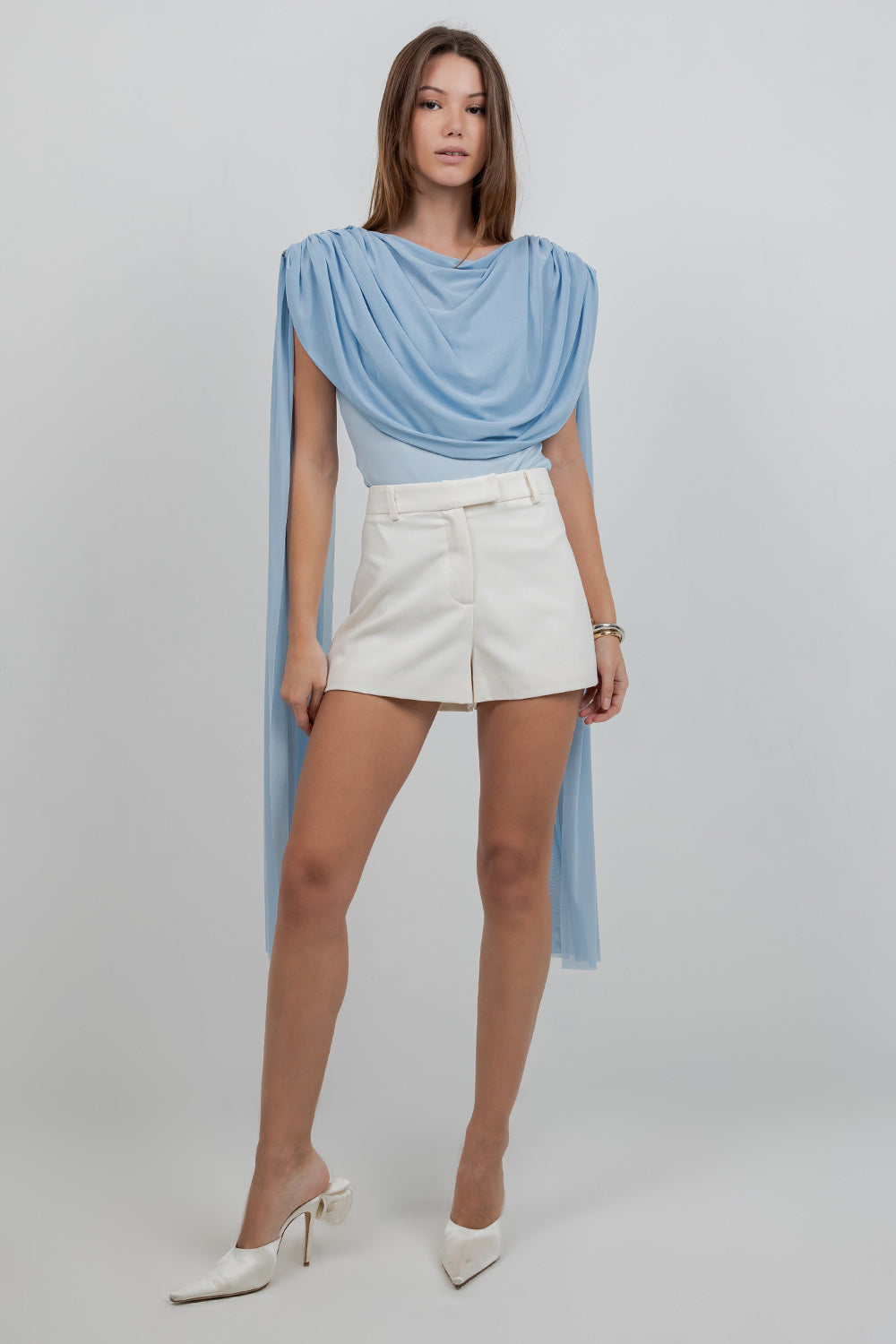 KNITTED BODYSUIT WITH CONTRAST MESH DRAPE CAPE