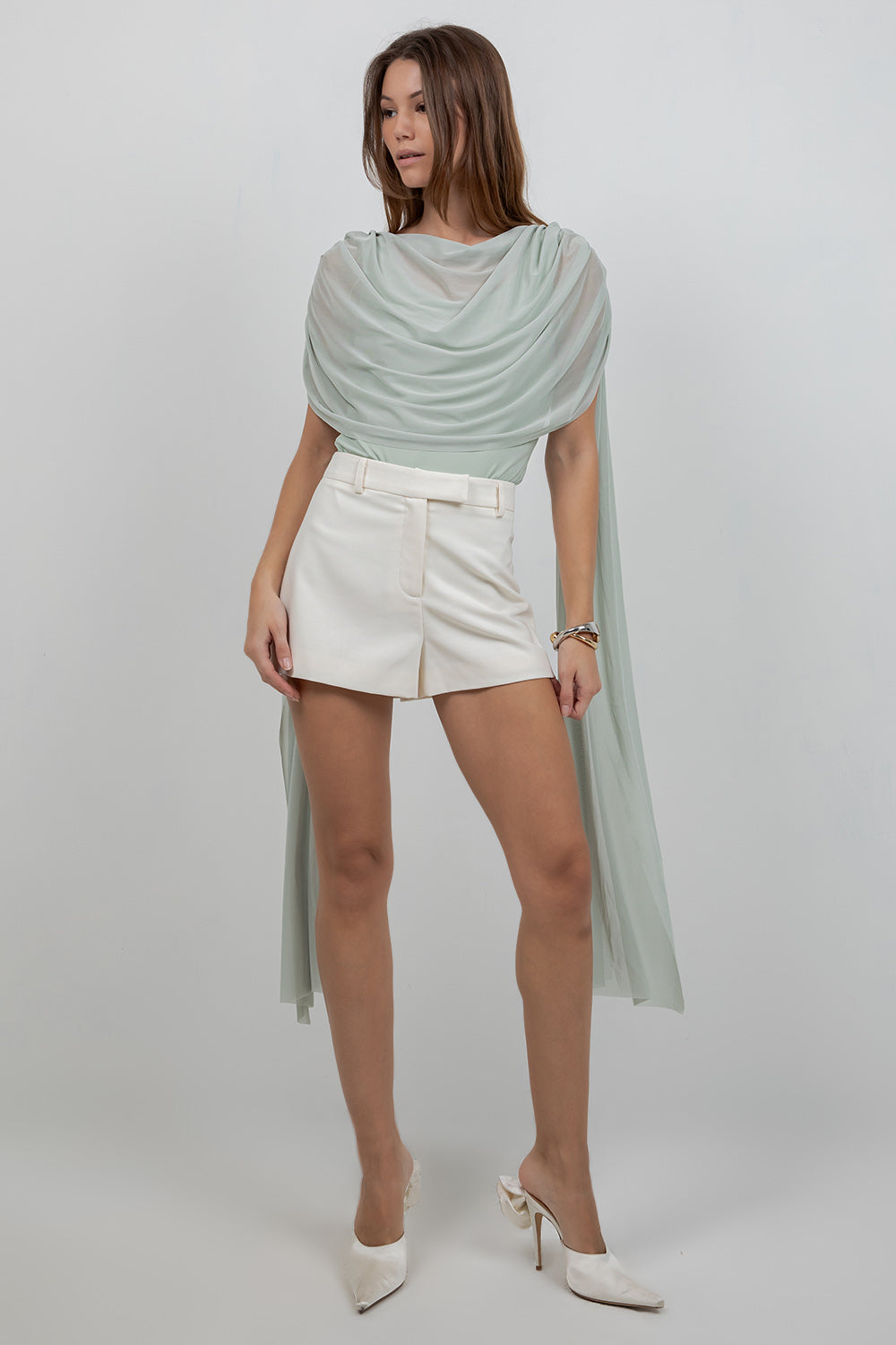 KNITTED BODYSUIT WITH CONTRAST MESH DRAPE CAPE