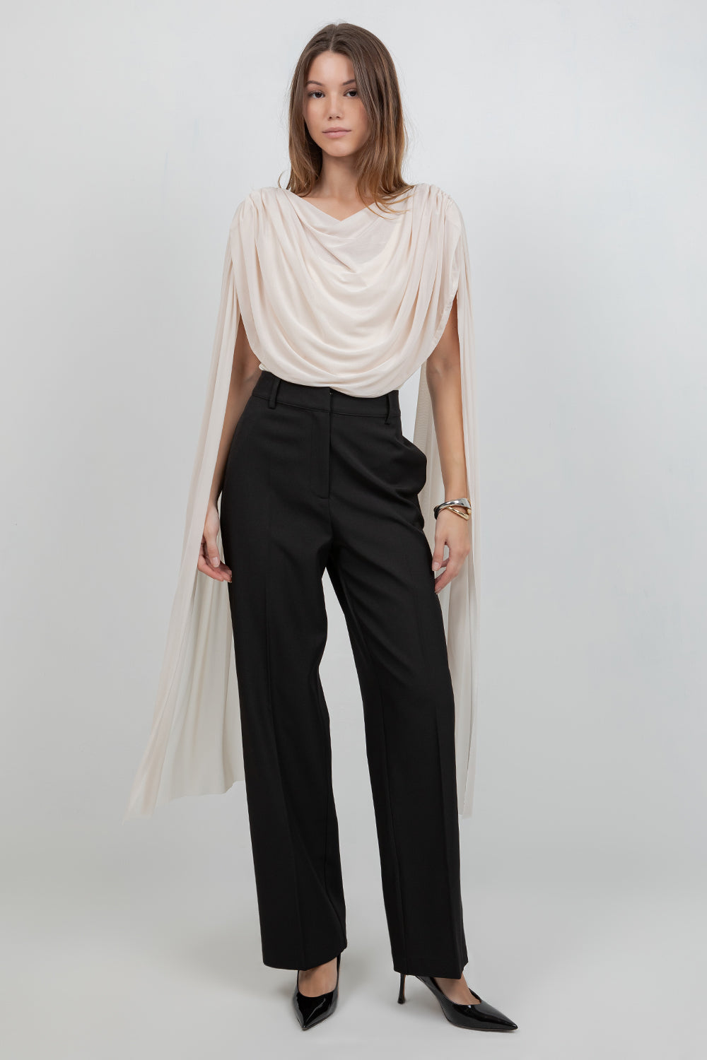 KNITTED BODYSUIT WITH CONTRAST MESH DRAPE CAPE