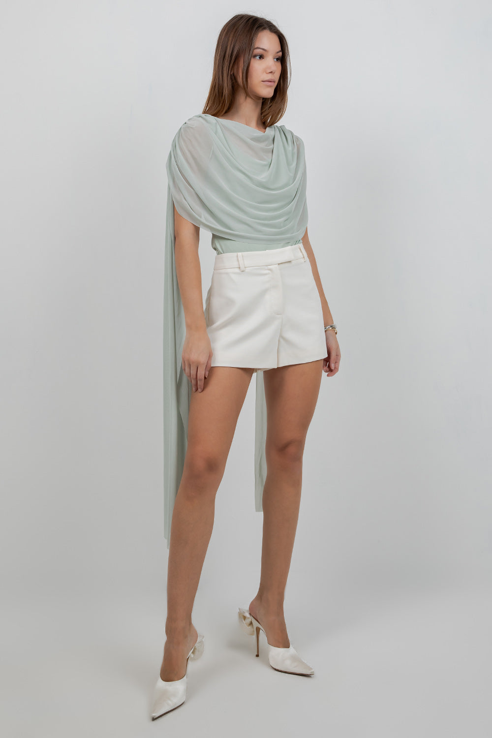 KNITTED BODYSUIT WITH CONTRAST MESH DRAPE CAPE