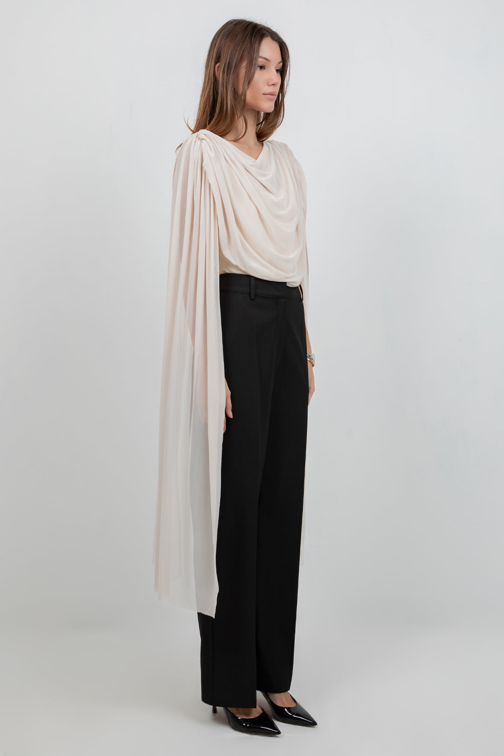 KNITTED BODYSUIT WITH CONTRAST MESH DRAPE CAPE