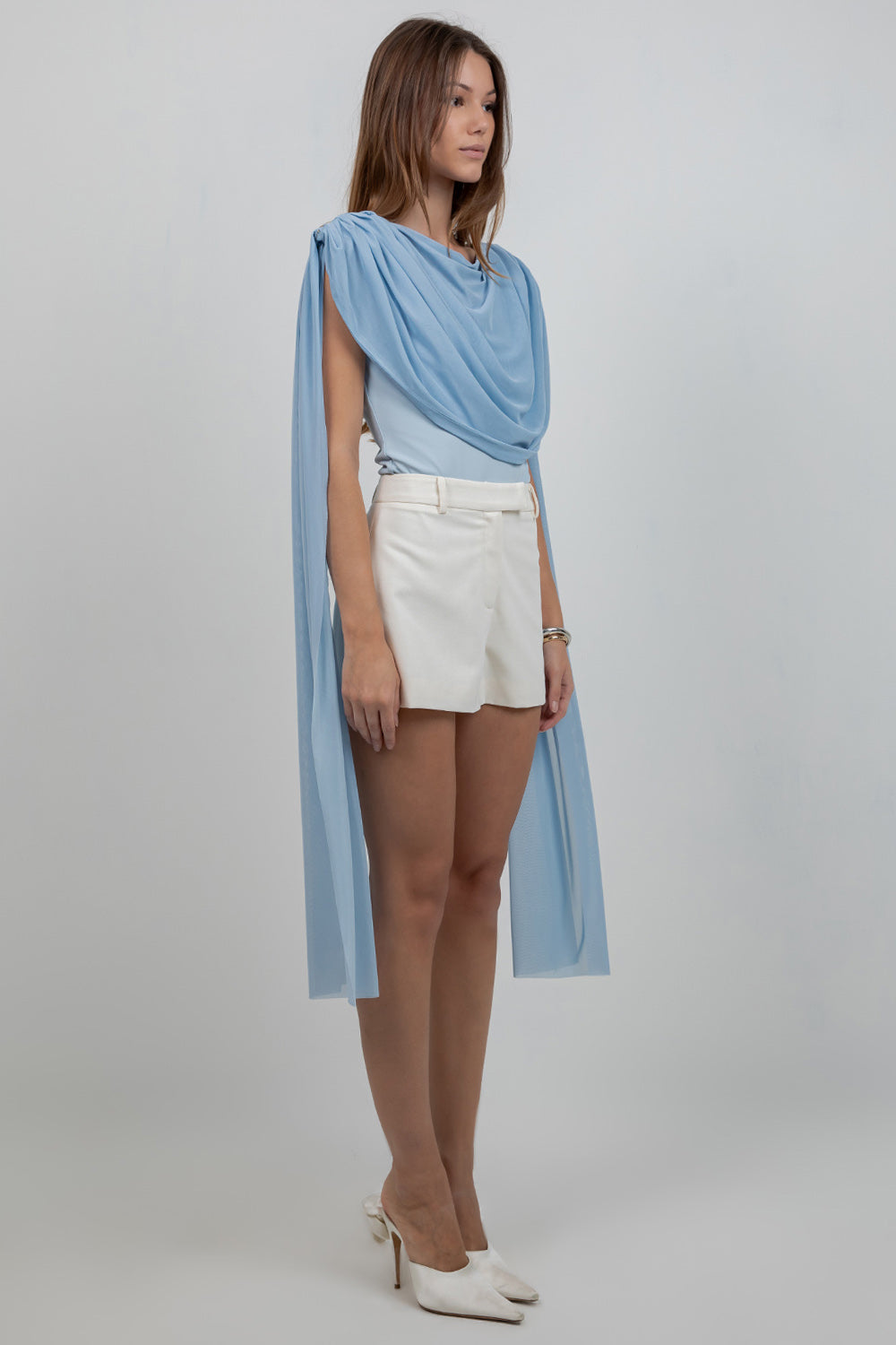 KNITTED BODYSUIT WITH CONTRAST MESH DRAPE CAPE