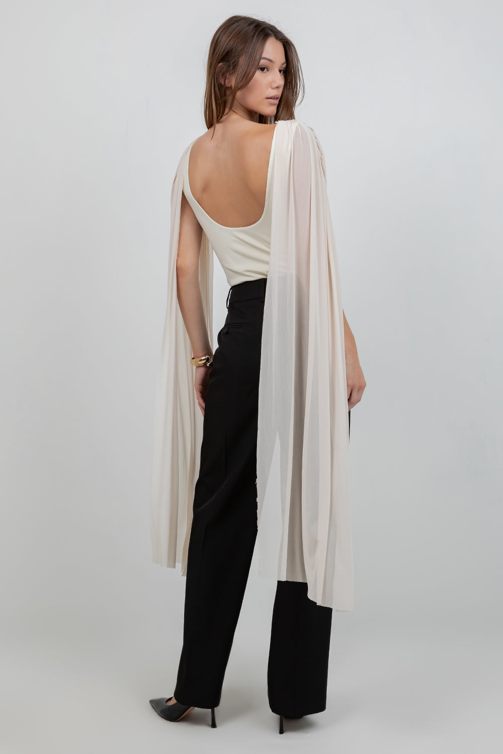 KNITTED BODYSUIT WITH CONTRAST MESH DRAPE CAPE