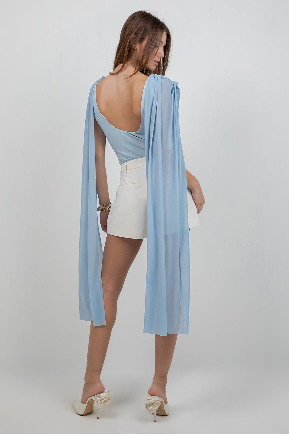 KNITTED BODYSUIT WITH CONTRAST MESH DRAPE CAPE