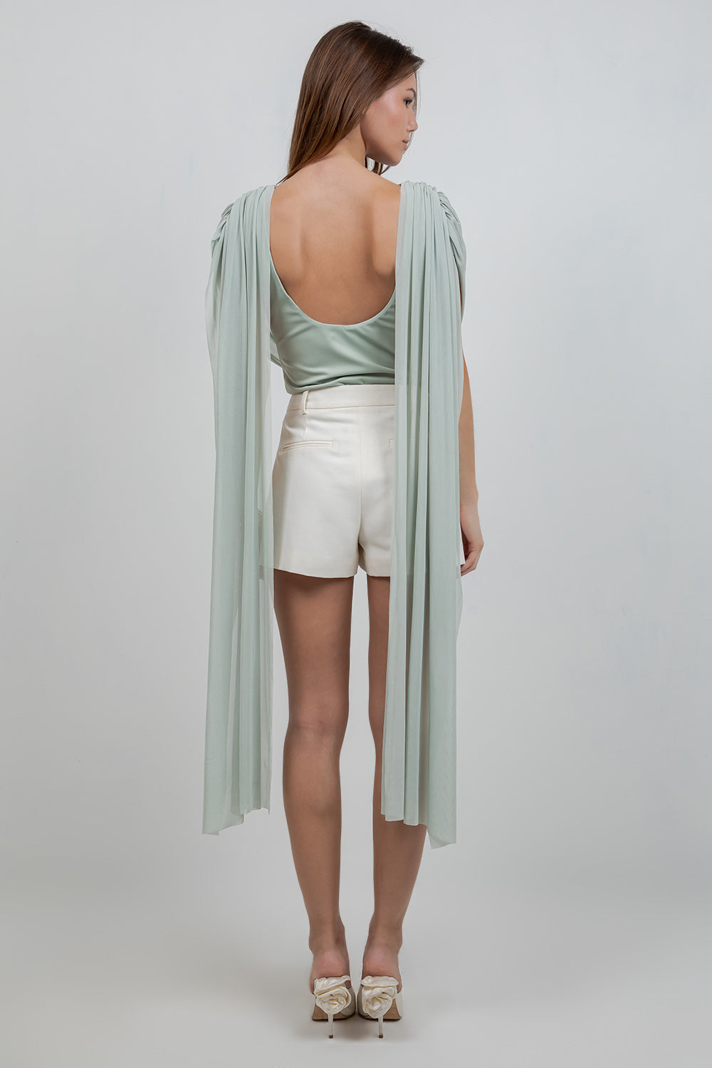 KNITTED BODYSUIT WITH CONTRAST MESH DRAPE CAPE