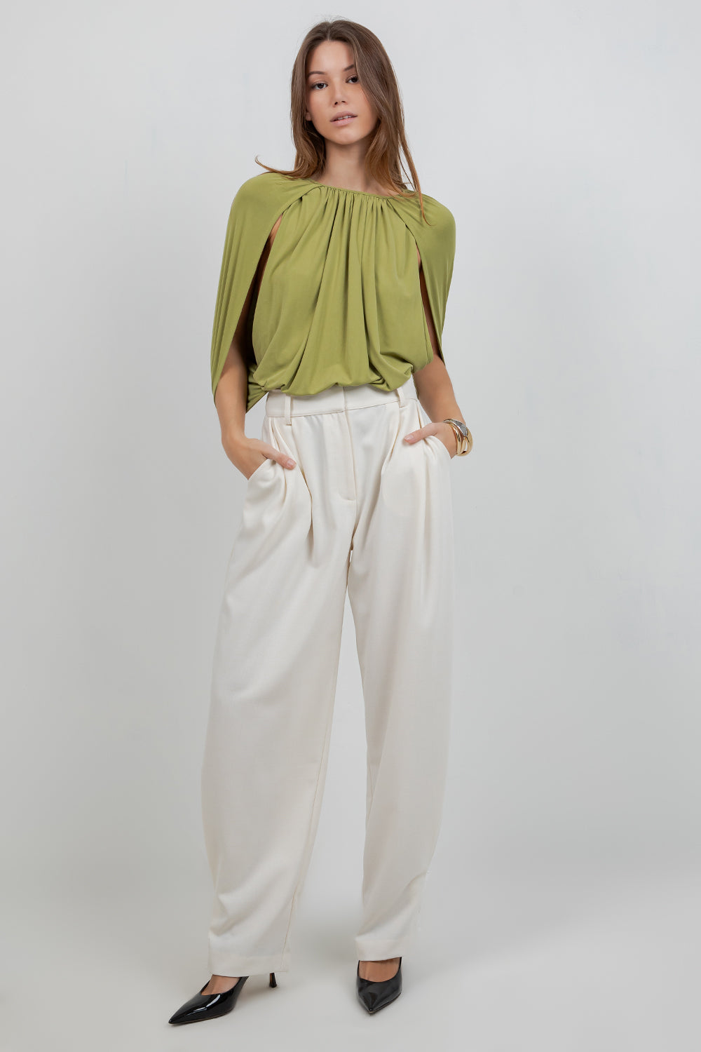 KNITTED SLEEVELESS CAPE BODICE BODYSUIT - LEMONGRASS - Whiteroom+Cactus