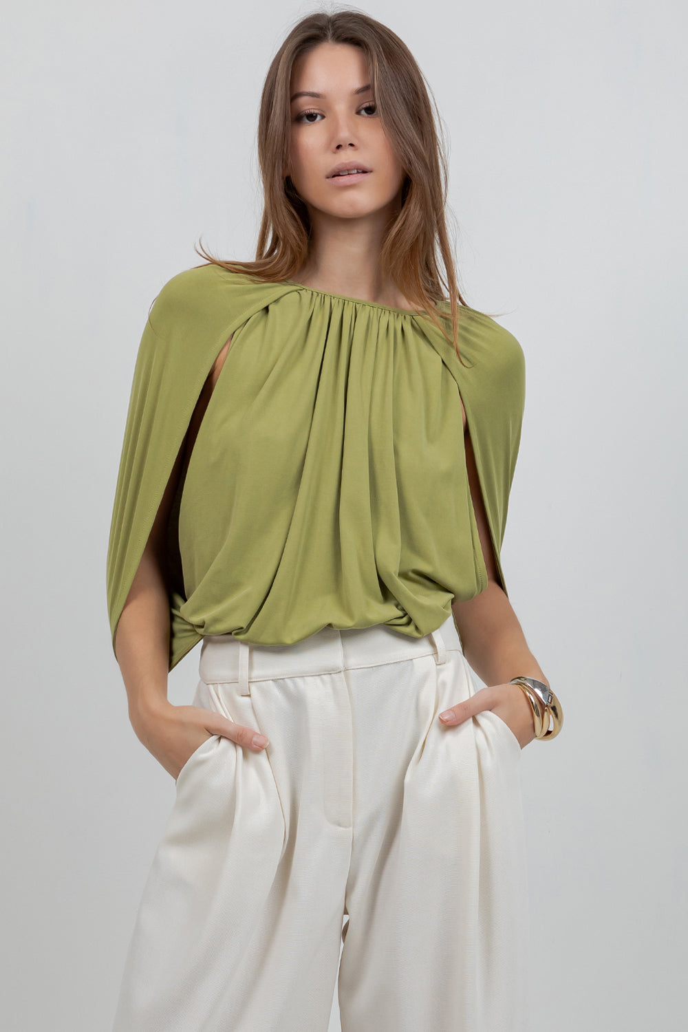 KNITTED SLEEVELESS CAPE BODICE BODYSUIT - LEMONGRASS - Whiteroom+Cactus