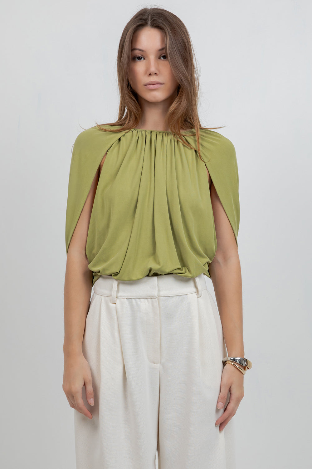 KNITTED SLEEVELESS CAPE BODICE BODYSUIT - LEMONGRASS - Whiteroom+Cactus