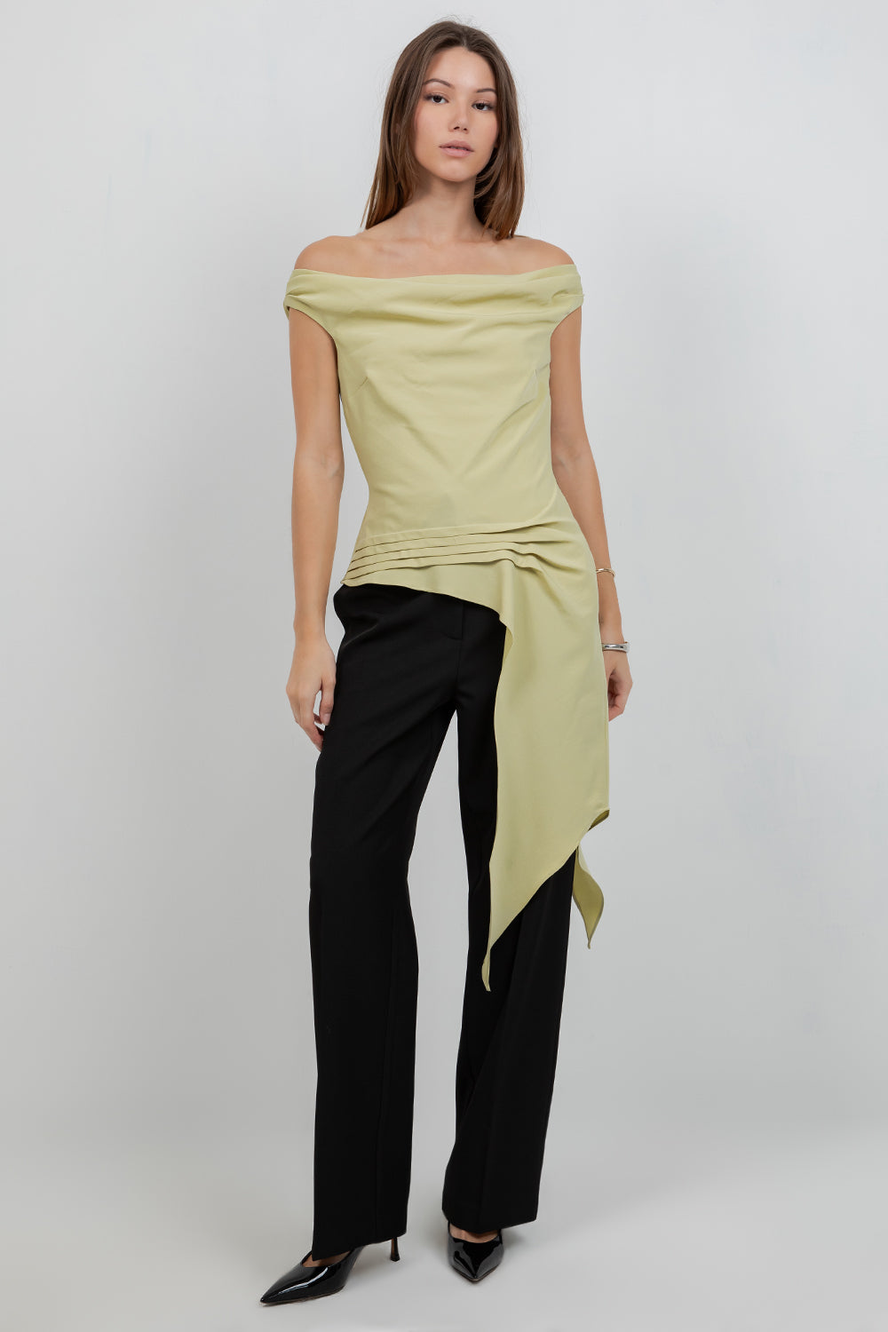 SOFT WOVEN ASYMMETRICAL SLEEVELESS TOP W PLEAT DETAILS - LEMONGRASS - Whiteroom+Cactus