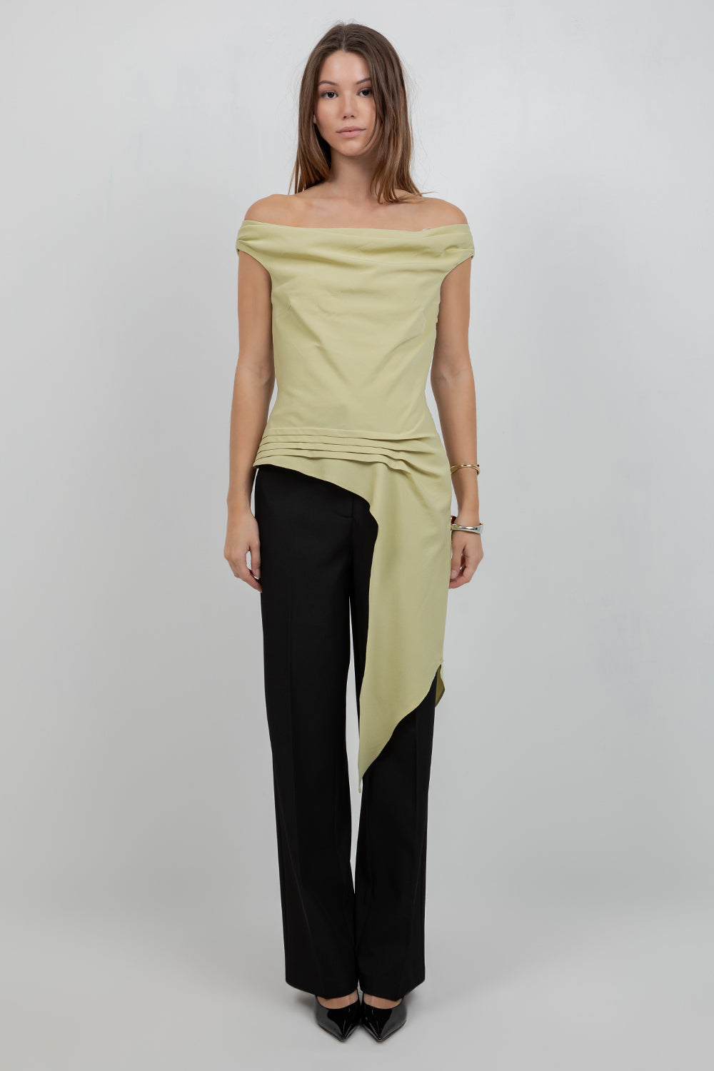 SOFT WOVEN ASYMMETRICAL SLEEVELESS TOP W PLEAT DETAILS - LEMONGRASS - Whiteroom+Cactus