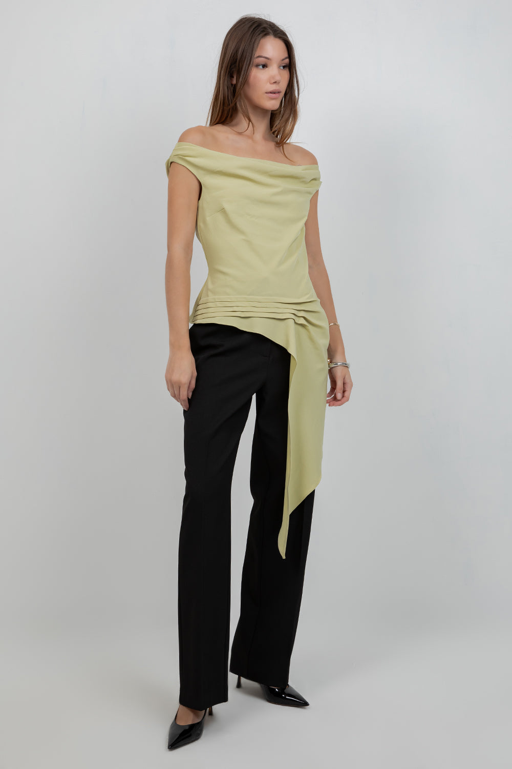 SOFT WOVEN ASYMMETRICAL SLEEVELESS TOP W PLEAT DETAILS - LEMONGRASS - Whiteroom+Cactus