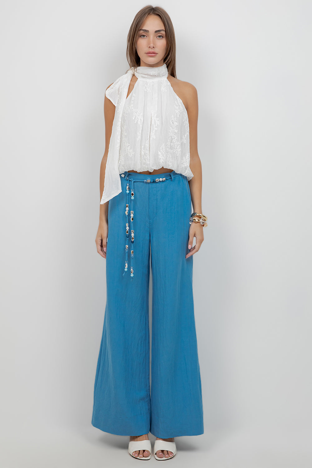 STRAIGHT LEG TROUSERS WITH ACCENT BEADED BELT