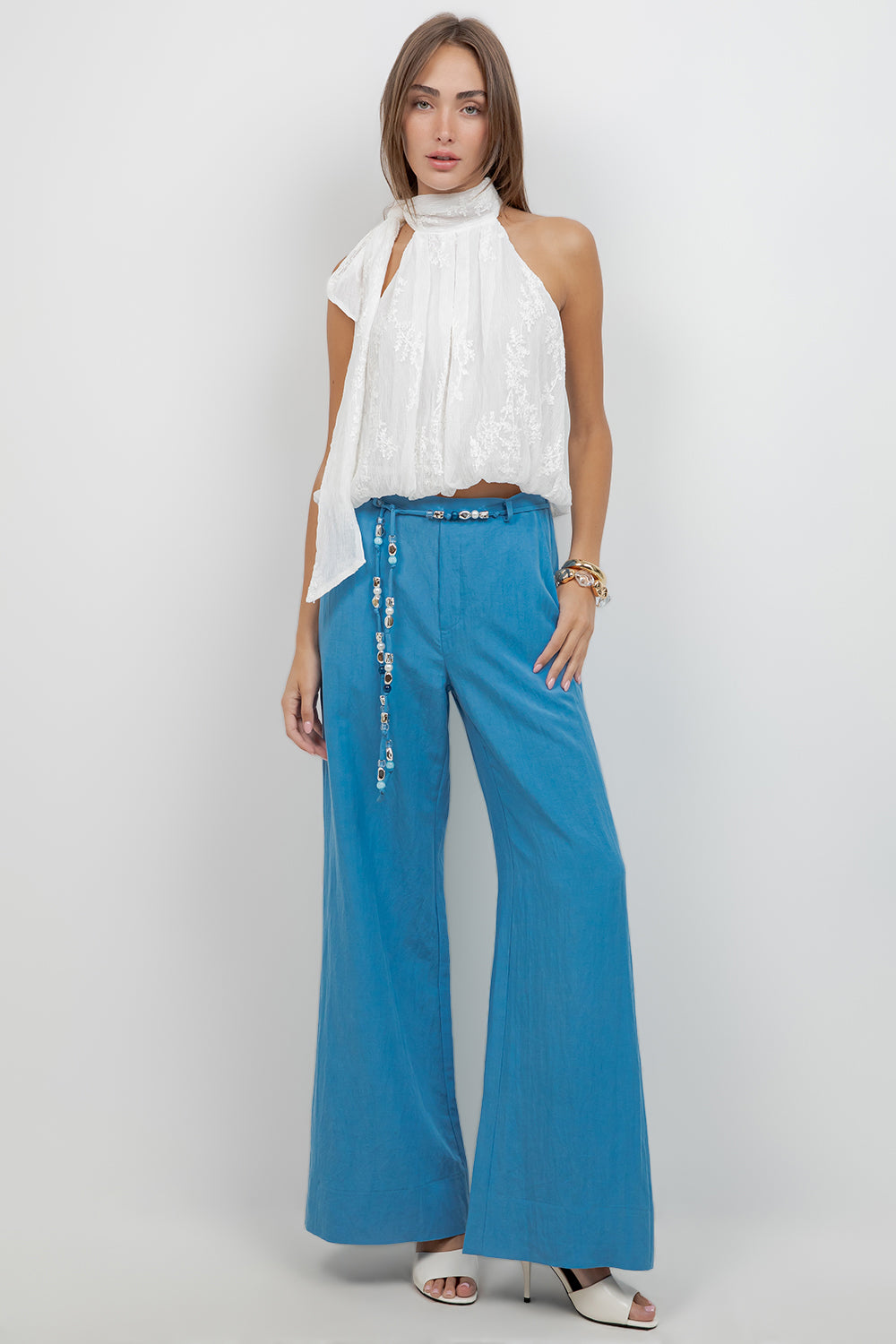 STRAIGHT LEG TROUSERS WITH ACCENT BEADED BELT