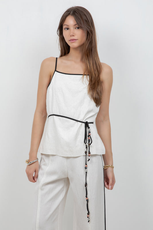 SLEEVLESS WOVEN TOP WITH CONTRAST BEADING TIE