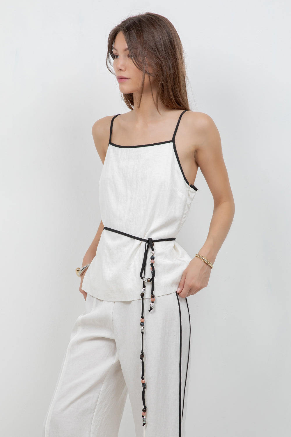 SLEEVLESS WOVEN TOP WITH CONTRAST BEADING TIE - Whiteroom+Cactus