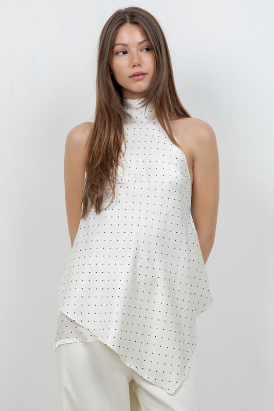 ASYMMETRICAL POLKA DOT SATIN BLOUSE WITH OPEN BACK