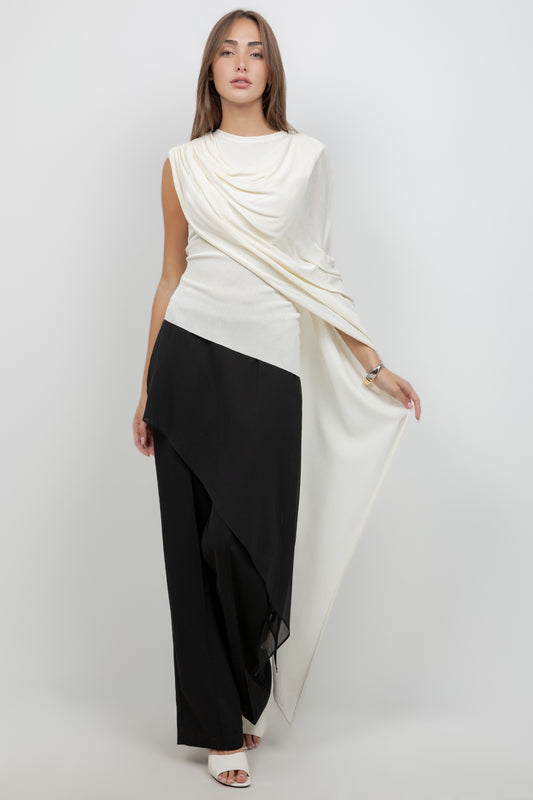 KNITTED SLEEVLESS TOP WITH ASYMMETRICAL MESH CAPE - Whiteroom+Cactus