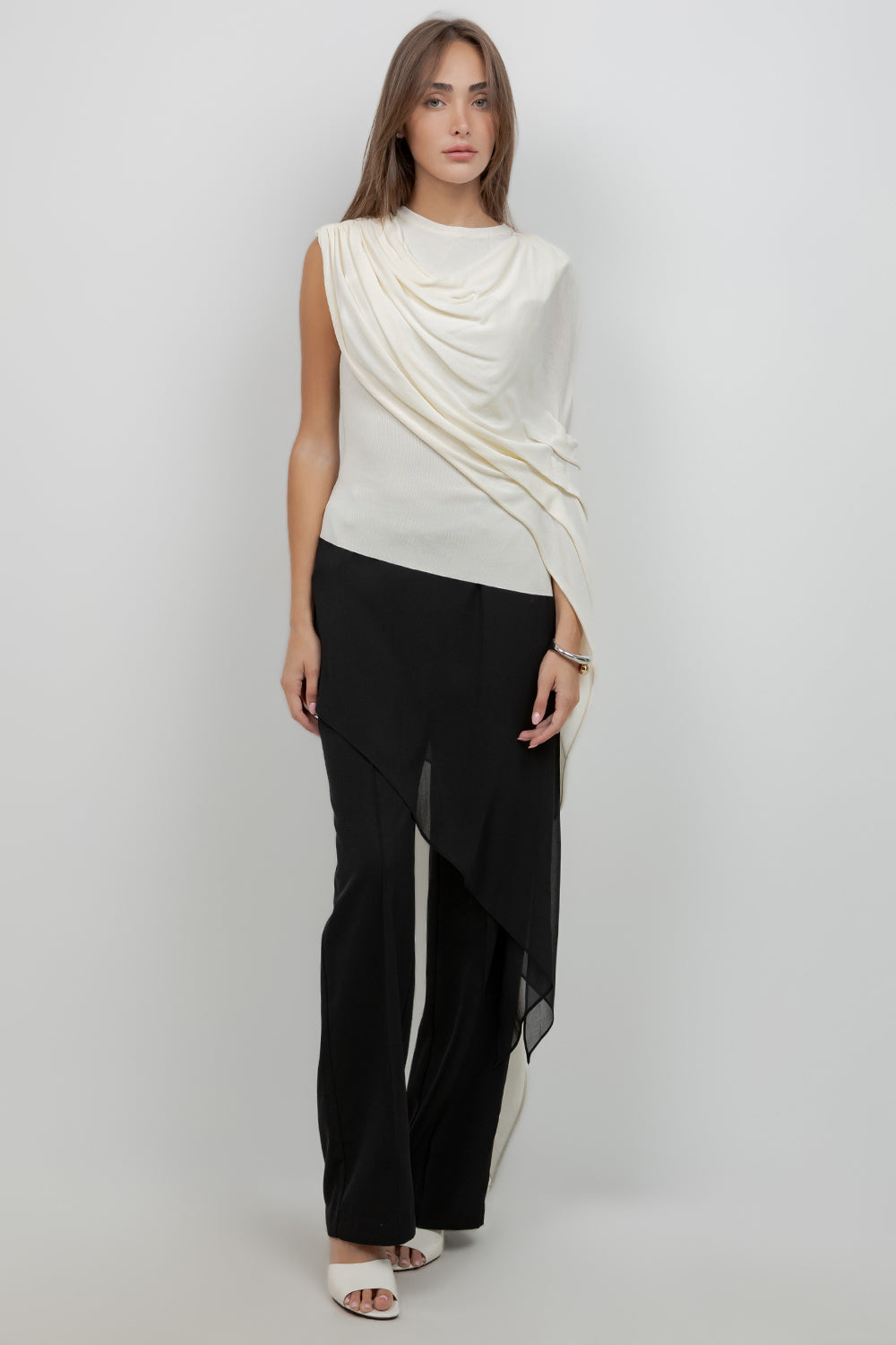 KNITTED SLEEVLESS TOP WITH ASYMMETRICAL MESH CAPE - Whiteroom+Cactus