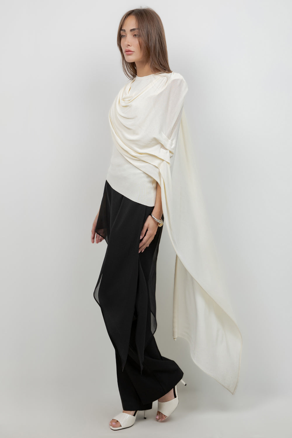 KNITTED SLEEVLESS TOP WITH ASYMMETRICAL MESH CAPE - Whiteroom+Cactus