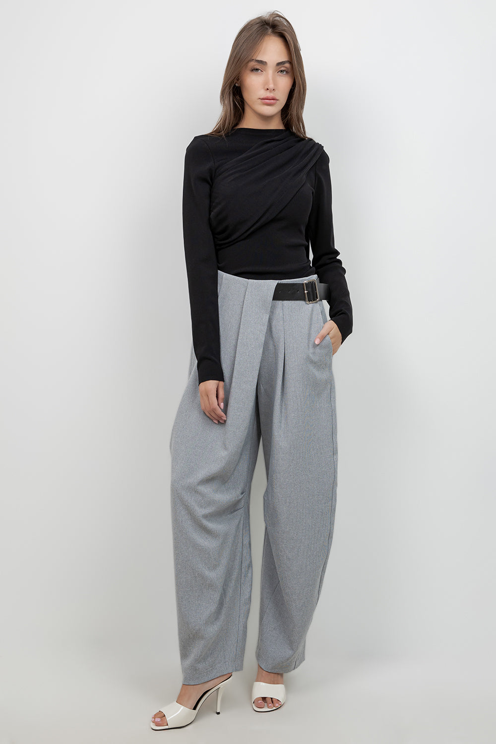 KNITTED LONG SLEEVE TOP WITH ASYMMETRICAL SCARF