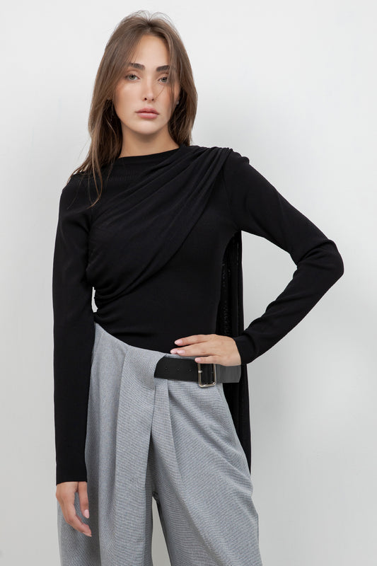 KNITTED LONG SLEEVE TOP WITH ASYMMETRICAL SCARF