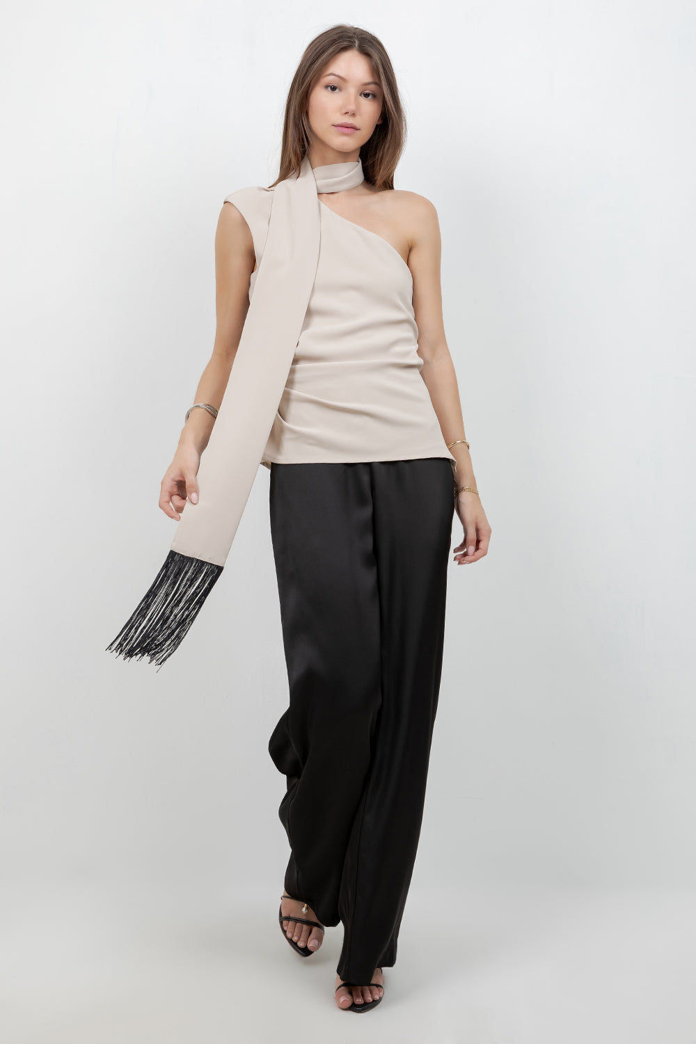 ONE SHOULDER BLOUSE WITH TASSEL FINISH SCARF - Whiteroom+Cactus
