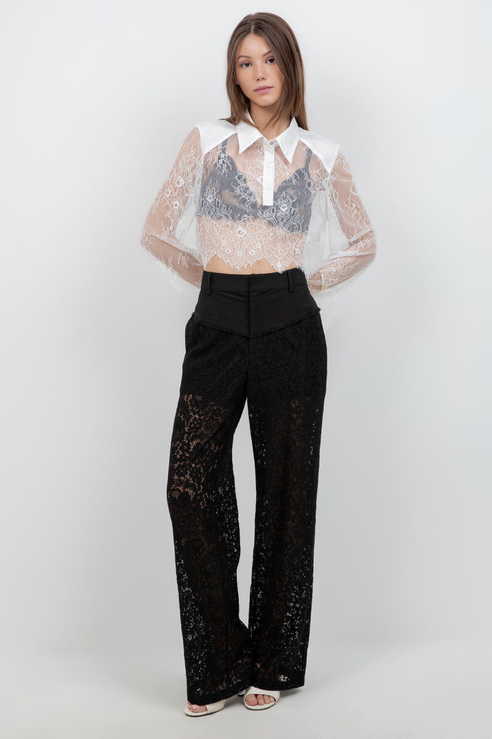 LACE BODICE CROPPED COLLAR SHIRT